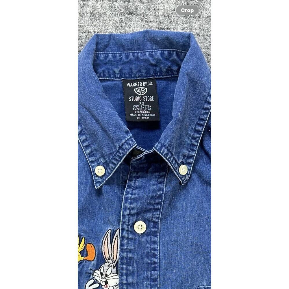 Vintage 90s Looney Tunes Shirt Men XS Blue Chambray Tweety Warner Bros Studio - Picture 6 of 14